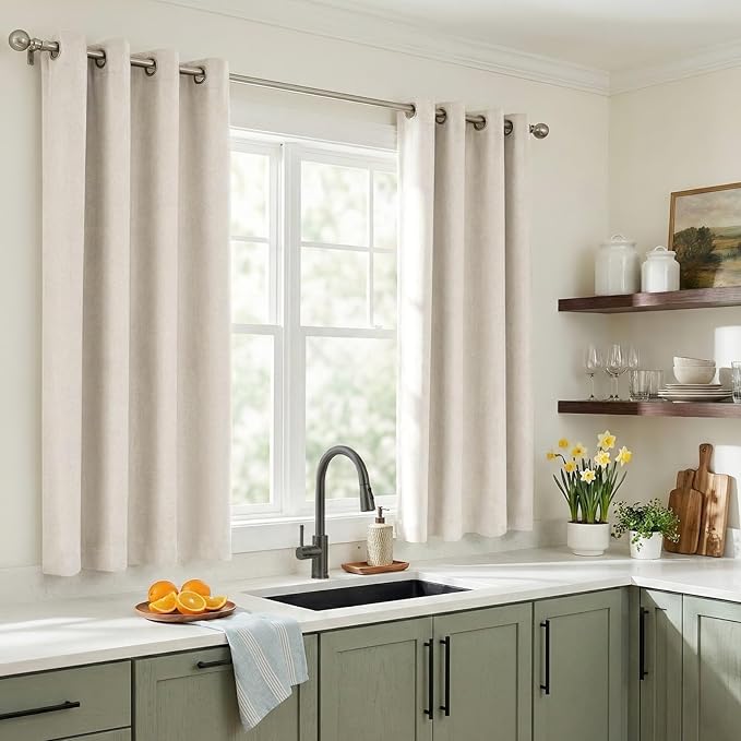 100% Blackout Shield Linen Blackout Curtains for Bedroom, Beige Grommet Curtains for Living Room, Thermal Insulated Room Darkening Drapes for Nursery, Boho Home Decor, 40" W x 45" L, 2 Panels