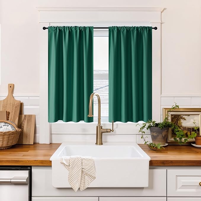 RYB HOME 100% Blackout Short Curtains for Small Window, Thermal Insulated Total Room Darkening Noise Reducing Curtains for Basement Bathroom Basement, 29 inches Wide by 45 inches Long, Dark Green