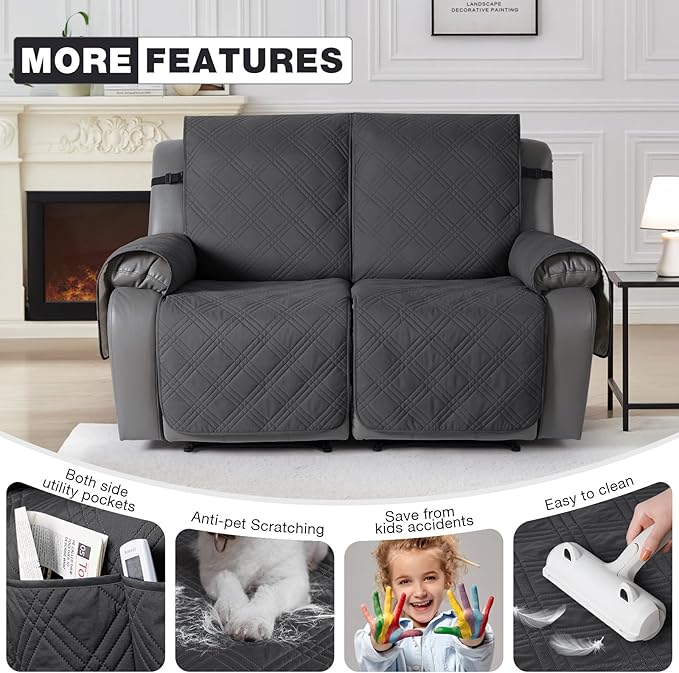 TAOCOCO 100% Waterproof Loveseat Recliner Cover, Non Slip Split Recliner Couch Cover with Elastic Straps, Washable Reclining Sofa Cover Furniture Protector for Kids, Pets(2 Seater, Charcoal Gray)