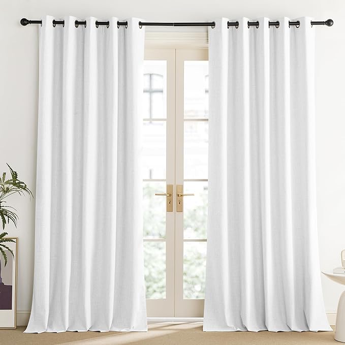 NICETOWN 100% Absolutely Blackout Linen Curtains with Thermal Insulated Liner, Greyish White, 62" Wide, 108" Length Energy Saving Curtains for Living Room 2 Panels Set, Vertical Blinds