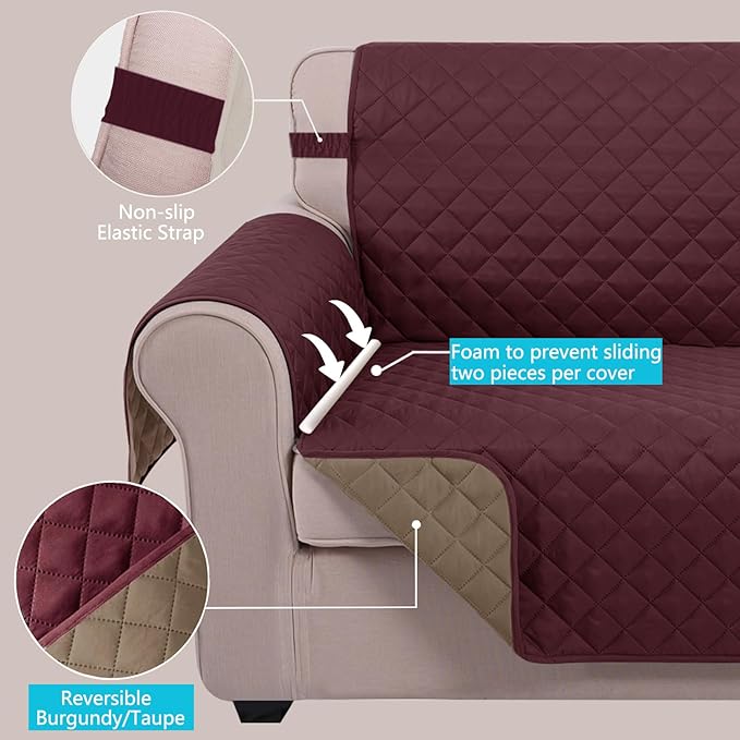 U-NICE HOME Recliner Chair Covers Reversible Chair Cover Pet Covers for Dogs with Elastic Straps Water Resistant Diamond Quilted (23''Armchair, Burgundy/Tan)