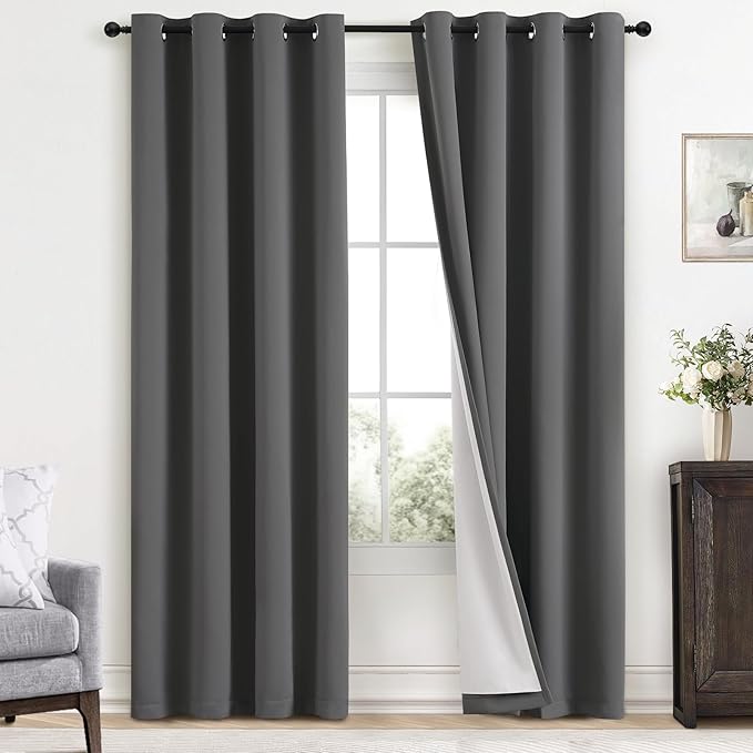 Yakamok Room Darkening 100% Blackout Curtains Grommet Window Treatments with 2 Thick Layers-Charcoal Grey Thermal Insulated Drapes Set of 2 Panels for Bedroom Living Room 52 Inches by 96 Inches Length