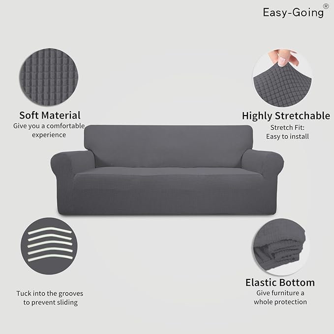 Easy-Going Stretch Sofa Slipcover 1-Piece Sofa Cover Furniture Protector Couch Soft with Elastic Bottom for Kids, Polyester Spandex Jacquard Fabric Small Checks (Sofa, Gray)