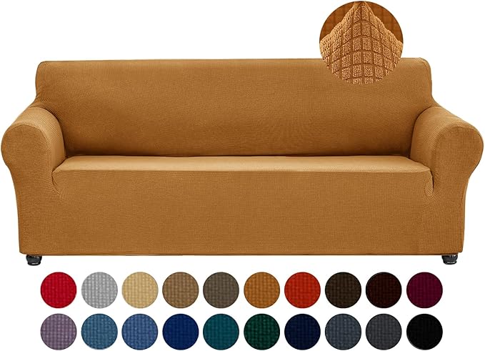 Joccun Stretch Couch Cover Slipcovers, 1-Piece Sofa Covers for 3 Cushion Couch Spandex Jacquard Washable Furniture Protector Cover for Living Room,Kids,Pets(Sofa,Gold)