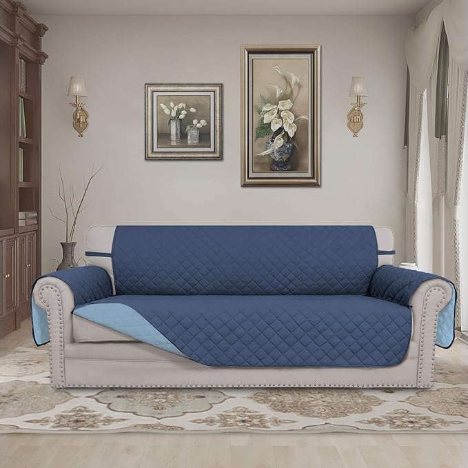 Easy-Going Reversible Couch Cover for 3 Cushion Couch Sofa Cover for Dogs Water Resistant Furniture Protector Cover with Foam Sticks Elastic Straps for Pet Cat (Sofa, Dark Blue/Light Blue)