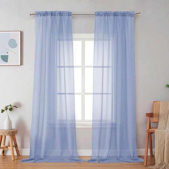 Simplebrand Denim Sheer Curtains 96 Inches Long, Light Filtering Rod Pocket Solid Color Window Sheer Curtain Panels, Elegant Curtains & Drapes for Living Room, Bedroom 2 Panels (Denim, 42" W x 96" L)