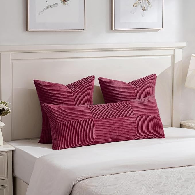 Fancy Homi 2 Packs Burgundy Lumbar Decorative Throw Pillow Covers 12x20 Inch for Living Room Couch Bed, Christmas Boho Home Decor, Soft Striped Corduroy Rectangle Accent Cushion Case 30x50 cm