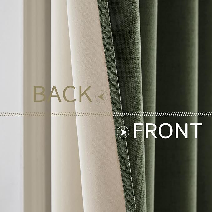 MIULEE 100% Blackout Linen Textured Curtains for Bedroom Solid Thermal Insulated Olive Green Grommet Room Darkening Curtains & Drapes Luxury Decor for Living Room Nursery 52 x 72 Inch (2 Panels)