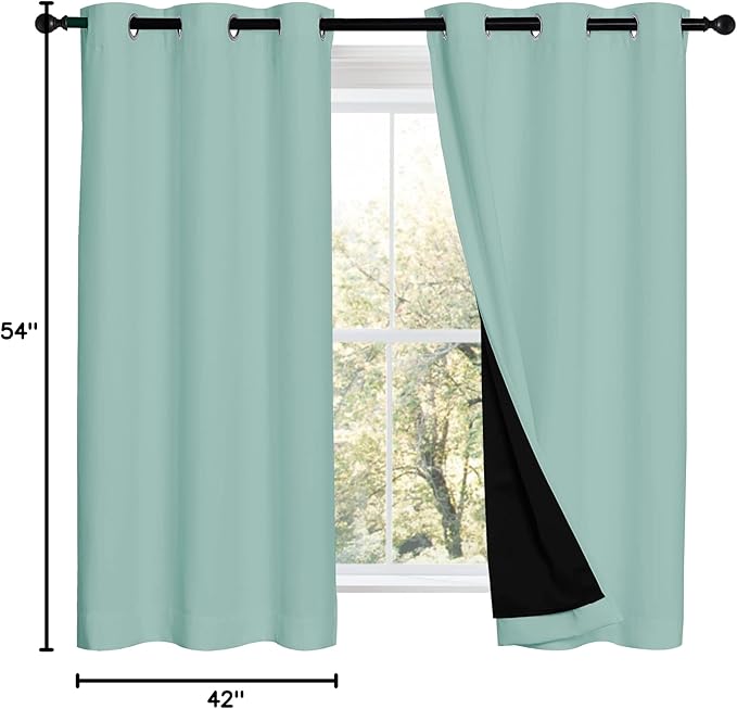 NICETOWN 100% Blackout Curtains 54 inches Long, Double-Deck Completely Blackout Window Treatment Thermal Insulated Lined Drapes for Small Window (Aqua Blue, 1 Pair, 42 inches Width Each Panel)