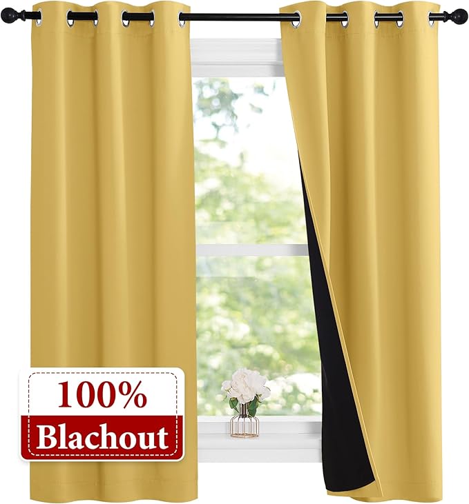 NICETOWN 100% Blackout Short Curtains with Black Liners, 2 Panels, 37" W by 50" L, Bright Yellow, Thermal Insulated Full Blackout 2-Layer Lined Drapes, Energy Efficiency Window Draperies for Bedroom