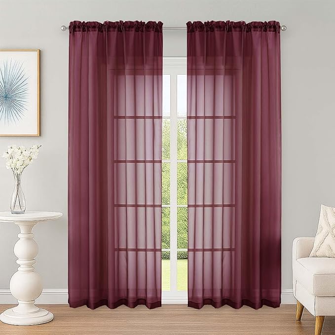 OWENIE Sheer Curtains 84 Inches Long 2 Panels Set, Burgundy Sheer Curtain for Living Room Bedroom, Modern Filmy Rod Pocket Curtains Drapes, 2 Pcs, Each 59 W x 84L, Burgundy