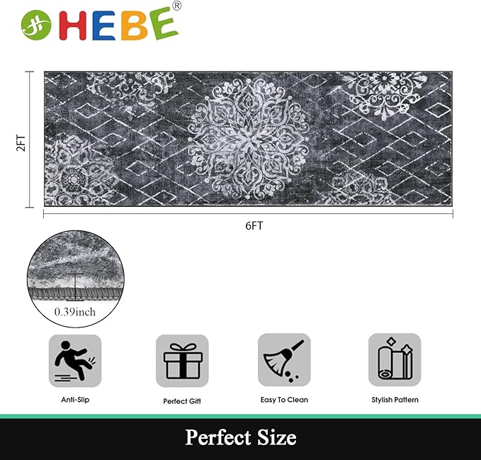 HEBE Hallway Runner Rug 2'x6' Washable Vintage Distressed Area Rugs Non Slip Laundry Rug Runner Boho Floor Carpet Runners for Hallways Entryway Laundry Room Kitchen Bathroom