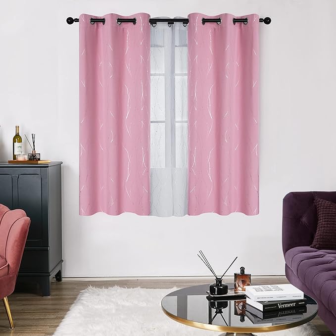 Deconovo Short Blackout Curtain, Pink Curtain, Thermal Insulated Soundproof Grommet Drapes, Wave Line Dot Foil Print, 38 x 54 Inch, 2 Panels, Machine‑Washable Window Panel for Small Windows Kitchne