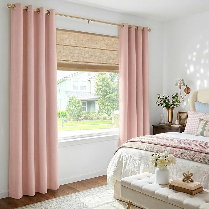 100% Blackout Shield Linen Blackout Curtains for Bedroom, Blush Pink Grommet Curtains for Living Room, Thermal Insulated Room Darkening Drapes for Nursery, Boho Home Decor, 50" W x 90" L, 2 Panels
