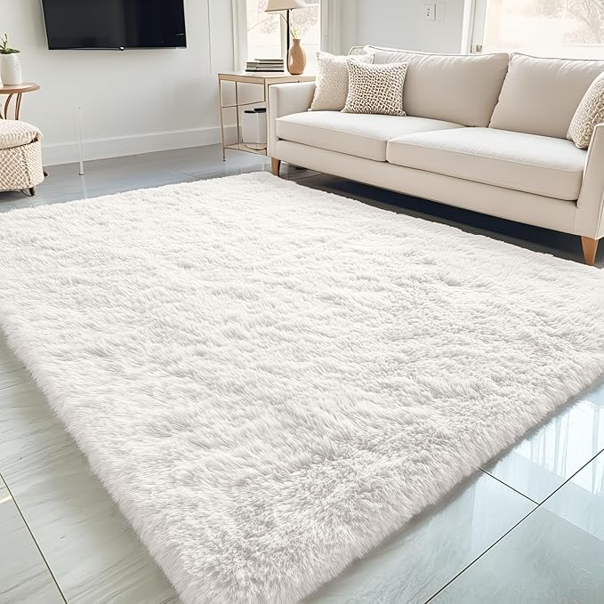 OLANLY 5x12 Machine Washable Large Area Rugs for Living Room, Bedroom, Soft Fluffy Shaggy Bedside Rug, Indoor Floor Carpet for Kids Girls and Boys, Dorms, Nursery, Home Decor Aesthetic, Ivory