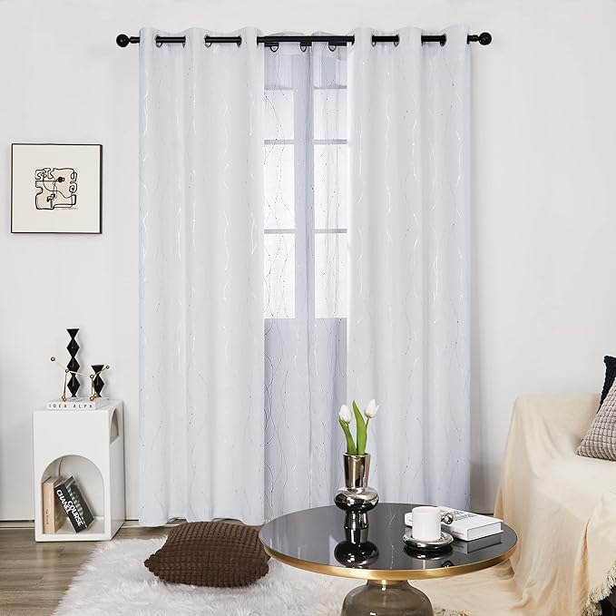Deconovo Living Room Curtains, Room Darkening Drapes, Thermal Insulated Soundproof Grommet Drape, Silver Wave Dot Print, 42 x 95 Inch Long, Machine Washable Window Panels for Sliding Door, Set of 2
