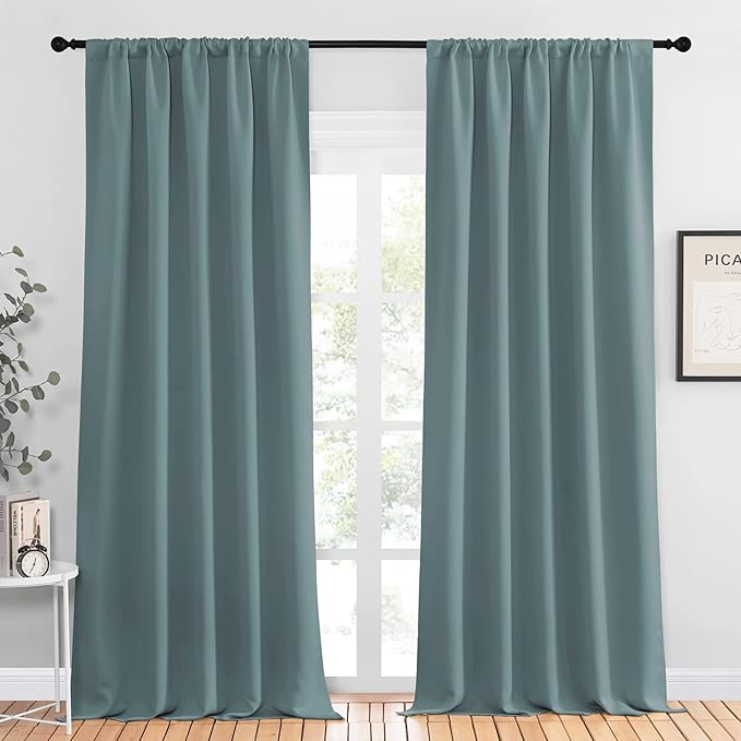 NICETOWN Greyish Blue Blackout Curtains Panels for Window, Thermal Insulated Rod Pocket Blackout Drapes/Draperies for Living Room (2 Panels, W52 x L95 inches)