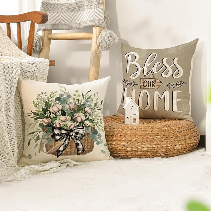 AVOIN colorlife Bless Our Home Farmhouse Eucalyptus Leaves Throw Pillow Covers, 18 x 18 Inch Truck Home Sweet Home Cushion Case Decorations Set of 4