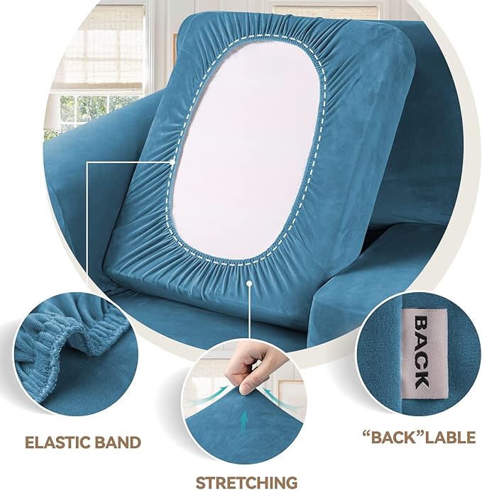 WEERRW Velvet Couch Covers for 2 Cushion Couch Sofa - High Stretch Velvet Plush 3 Pieces Sofa Slipcovers with Elastic Bottom, Furniture Protector for Pets, Machine Washable, Peacock Blue, Medium