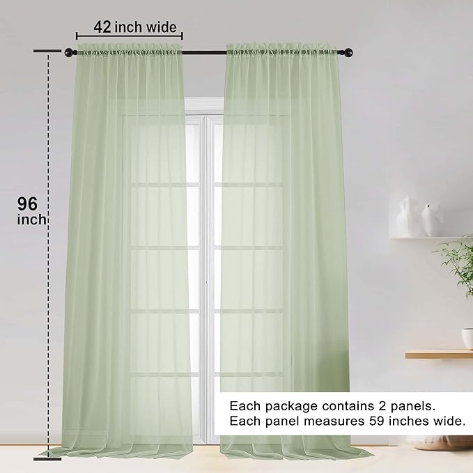 OWENIE Sheer Curtain 96 Inch Long 2 Panels Set, Light Filtering Clear Rod Pocket Soft Sheer Curtain 95 for Bedroom/Living Room, 2Pcs, Each 42" W x 96" L, Light Grey