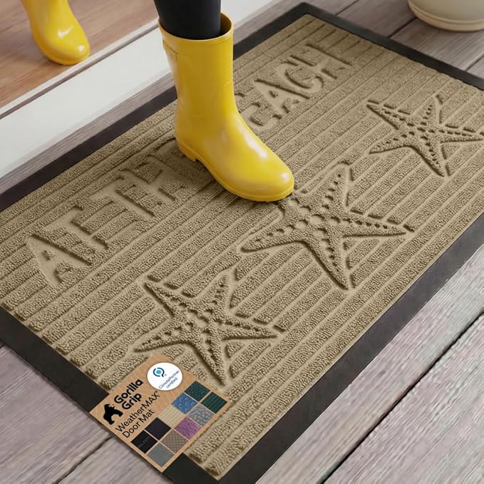 GORILLA GRIP 100% Waterproof All-Season WeatherMAX Doormat US Designed Natural Rubber, Stain and Fade Resistant, Low Profile Indoor Outdoor Door Mats, Easy Clean Patio Mat, 29x17, Sand Beach