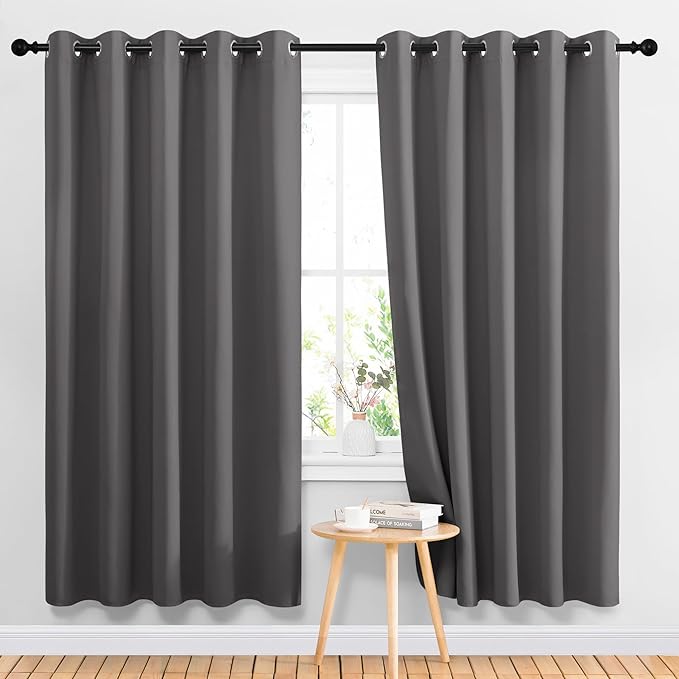 NICETOWN Blackout Curtains Panels for Living Room, 2 Panels, 66 x 70 Inch, Gray, 3 Pass Microfiber Noise Reducing Thermal Insulated Solid Ring Top Blackout Window Drapes
