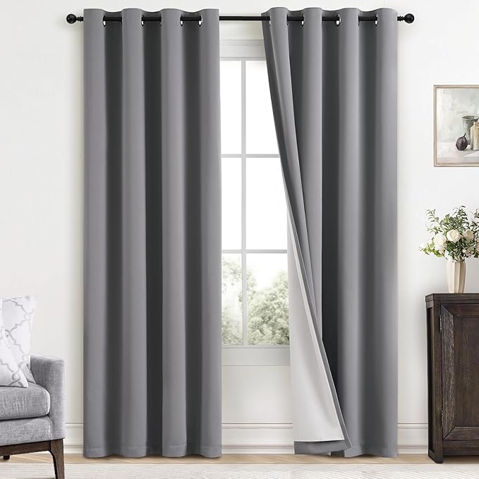 Yakamok Grey Room Darkening 100% Blackout Curtains Grommet Window Treatments with 2 Thick Layers-Gray Thermal Insulated Drapes Set of 2 Panels for Bedroom Living Room 52 Inches by 96 Inches Length