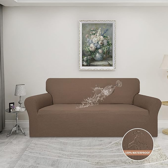 Easy-Going 100% Waterproof Couch Cover, Dual Waterproof Sofa Cover, Stretch Jacquard Sofa Slipcover, Leakproof Furniture Protector for Kids, Pets, Dog and Cat (Sofa, Brown)