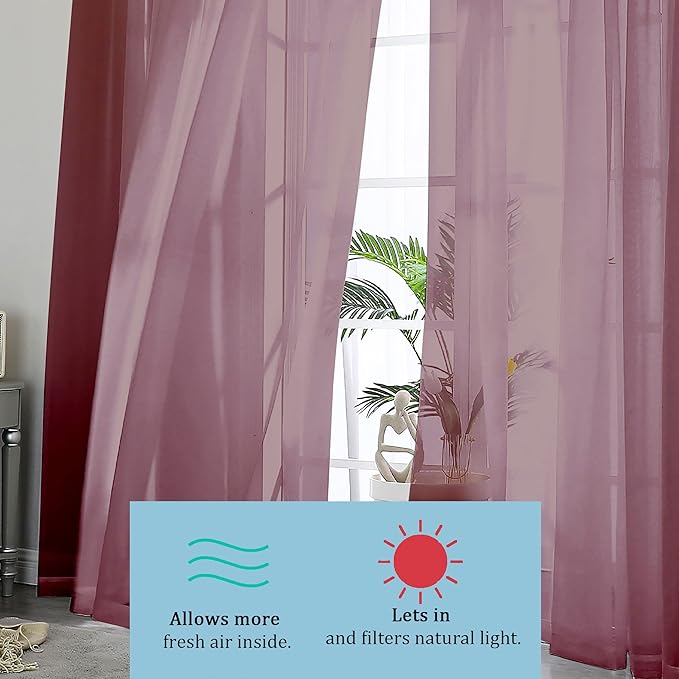 OWENIE Sheer Curtains 96 Inch Long, Elegant Sheer Curtains for Bedroom, Window Voile Sheer Curtain Panels/Drapes/Treatment for Living Room, 2Pcs, Each 42" W x 96" L, Burgundy