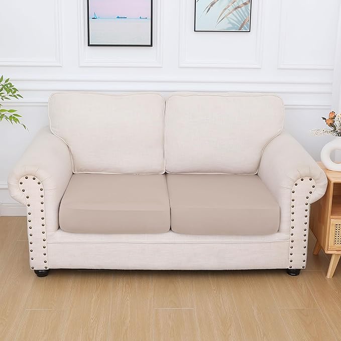 hyha Milk Silk Couch Cushion Covers, Soft Magic Sofa Covers Washable for 2 Cushion Couch, Stretch Sectional Outdoor Cushion Covers for Patio Furniture with Elastic Bottom(2 Packs, Taupe)