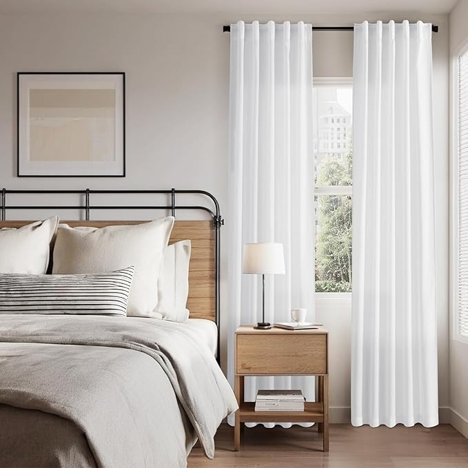 Nanspring 48 Inch Linen Curtains, White Light Filtering Curtain Back Tab and Rod Pocket Neutral Modern Farmhouse Coastal Decor Curtains for Living Room Bedroom 34 x 48 Inch, 2 Panels