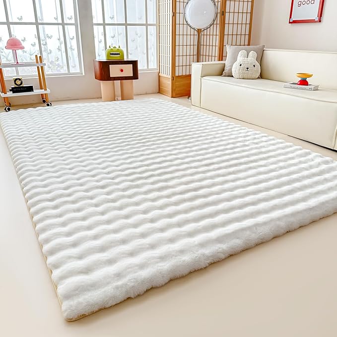 White Rabbit Plush Rug 8'x10', Fluffy Faux Fur Shaggy Area Rug for Nursery, Kids Room Decor, Soft Fuzzy Carpet for Living Room, Bedroom, Teen Girls Room