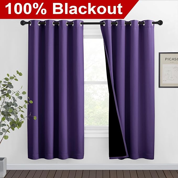 NICETOWN Lilac Purple Full Shade Curtain Panels, Pair of Thermal Insulated & Energy Efficiency Blackout Curtains for Living Room Windows, Lined Silky Performance Window Dressing (46" Wide x 72" Long)
