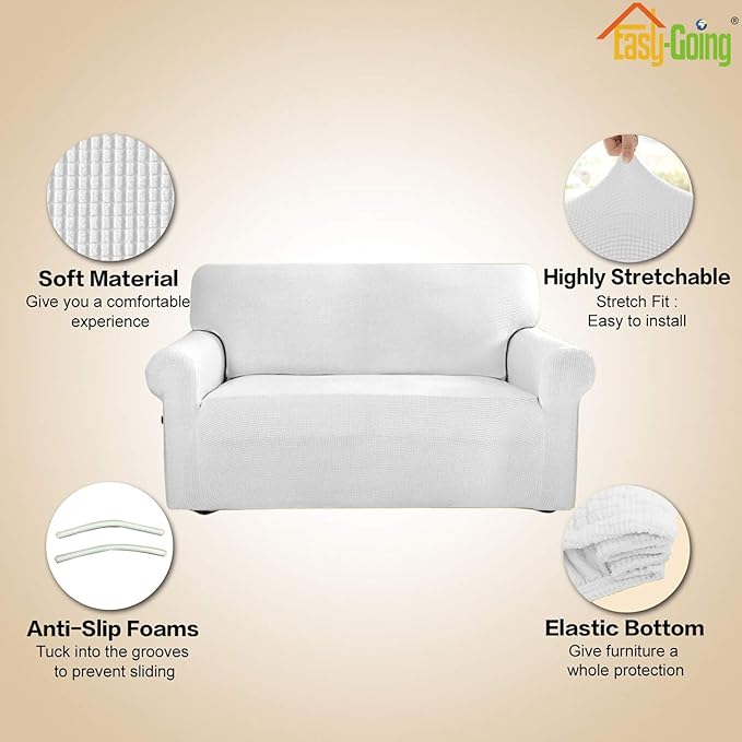 Easy-Going Stretch Sofa Slipcover 1-Piece Sofa Cover Furniture Protector Couch Soft with Elastic Bottom for Kids, Polyester Spandex Jacquard Fabric Small Checks (Sofa, Snow White)