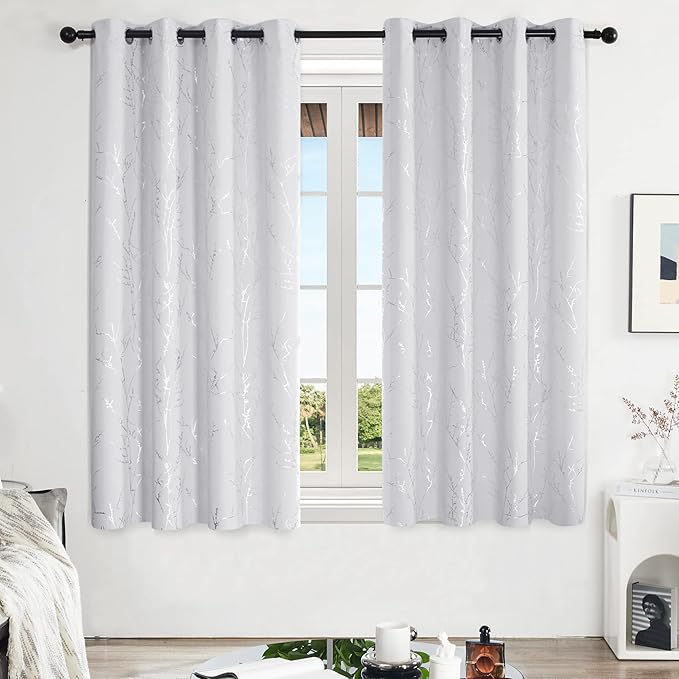 Deconovo Greyish White Curtains, Room Darkening Curtain, Thermal Insulated Soundproof Drapes, Silver Branch Print, 52 x 63 Inch Long, Grommet Window Panels for Living Room Bedroom Nursery, Set of 2