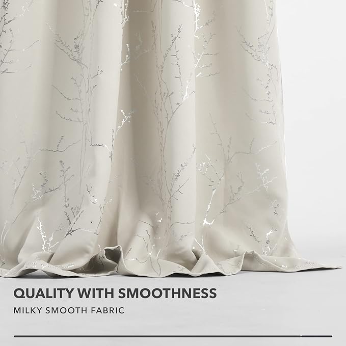 Deconovo Living Room Curtains, Room Darkening Curtain, Thermal Insulated Soundproof Drapes, Silver Branch Print, 52 x 95 Inch Long, Machine Washable Window Panels for Bedroom Office Nursery, Set of 2