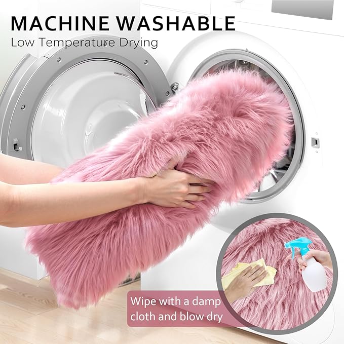 Ciicool Ultra Soft Faux Sheepskin Fur Rug Fluffy Rug for Bedroom Fuzzy Carpet for Living Room Kid's Room Nursery Decor, Pink 2 x 6 Feet