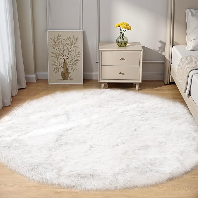 Goolela White Round Area Rug 5ft Fluffy Circle Faux Fur Sheepskin Carpet for Bedroom Living Room Fuzzy Furry Plush Washable