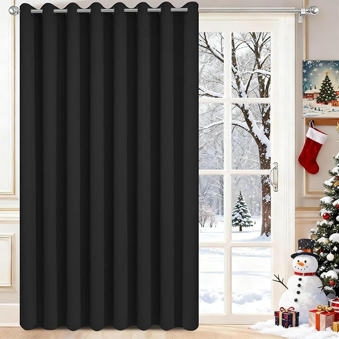 Yakamok Blackout Sliding Glass Door Curtains, Thermal Insulated Window Treatment Drapes for Patio Doors, Grommet Extra Wide Curtain Panels for Living Room, Bedroom (1 Panel, Black, 100W x 84L)
