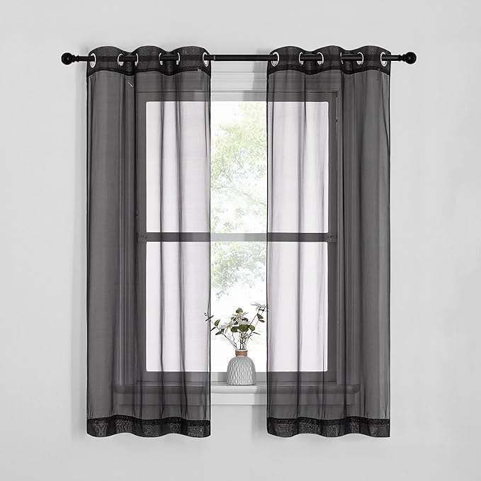 NICETOWN Sheer Curtains for Bedroom Windows, Grommet Casual Soft Voile Sheer Panels with Light Filter Window Treatments for Boy's Room/Bedroom, Black, Set of 2, W37 x L63