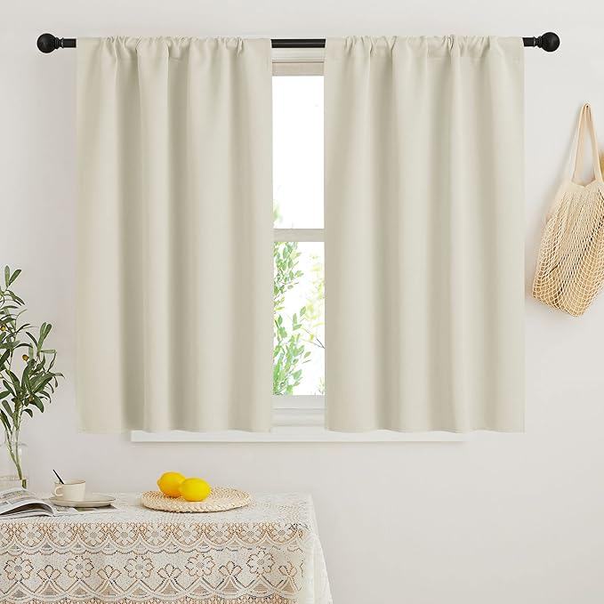 RYB HOME Short Curtains for Bedroom, Room Darkening Insulated Summer Heat Light UV Blocking Energy Saving Drapes for Nursery, Width 34 by Length 45, Beige, Set of 2