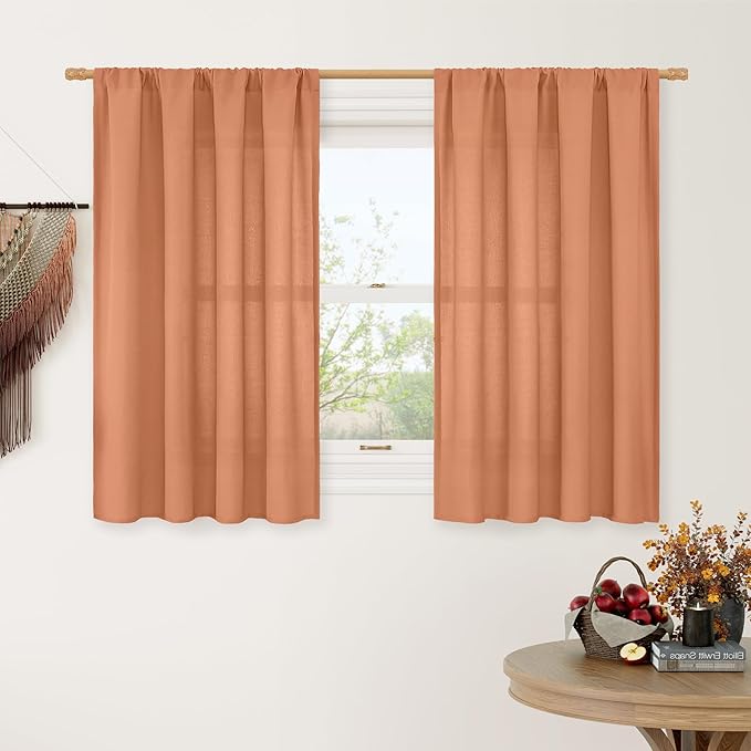 LAMIT Short Linen Curtains 45 Inches Long for Cafe 2 Panels, Terracotta Light Filtering Privacy Panels Rod Pocket Neutral Fall Decor Drapes for Bedroom/Window/Loft Room, 42 x 45 Inch