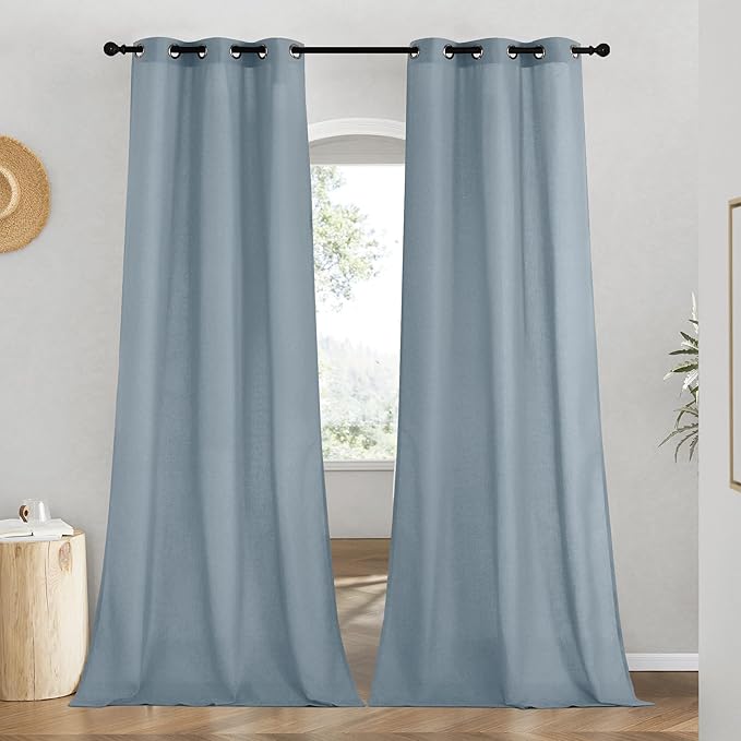 NICETOWN Rustic Linen 96 inch Long Curtains for Living Room, Grommet Privacy Added Thick Linen Weave with Light Filter Window Curtains & Drapes for Bedroom, Stone Blue, W42 x L96, 2 Panels