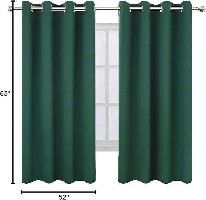 LEMOMO Dark Green Bedroom Blackout Curtains/52 x 63 Inch Long/Set of 2 Curtain Panels/Thermal Insulated Room Darkening Curtains for Bedroom