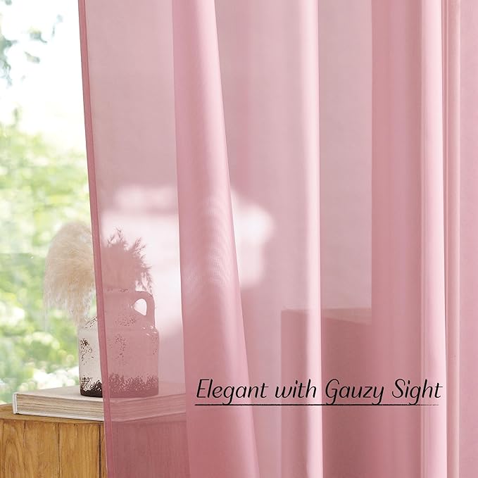NICETOWN Soft Sheer Pink Curtains 96 inches Long for Bedroom, Grommet Airy & Breathable with Light Filtering Window Treatments for Princess/Party, W54 x L96, 2 Panels