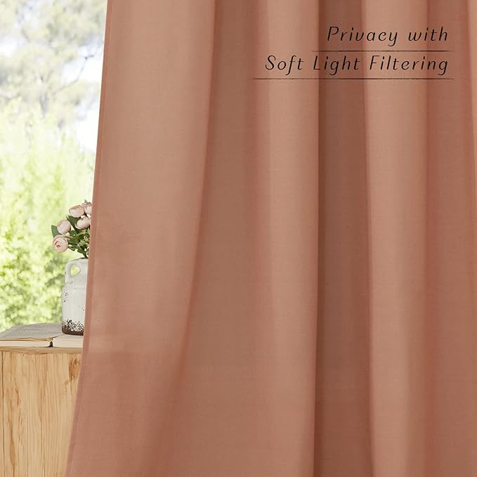 NICETOWN Flax Linen Terracotta Curtains for Bedroom, Grommet Thick Flax Semi Sheer Elegant & Casual Drapes Privacy Assured with Light Filtering for Girls Princess Room, W55 x L84, 2 Pieces
