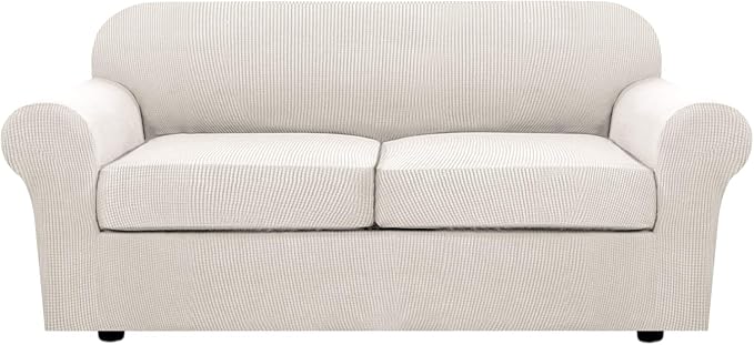 H.VERSAILTEX 3 Piece Stretch Sofa Covers for 2 Cushion Sofa Couch Covers for Living Room Sofa Slipcovers (Base Cover Plus 2 Seat Cushion Covers) Thicker Jacquard Fabric(Large Sofa, Ivory)