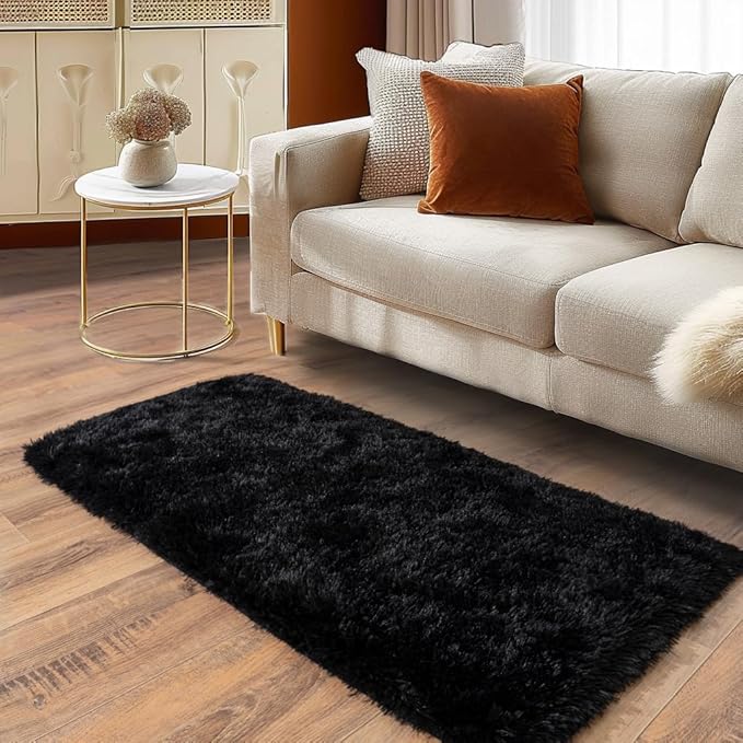 Soft Runner Rugs for Bedroom Hallways, 2x4 Black Fluffy Shag Throw Area Rug Non Slip for Bedside Dorm, Long Shaggy Furry Carpet for Nursery Living Room