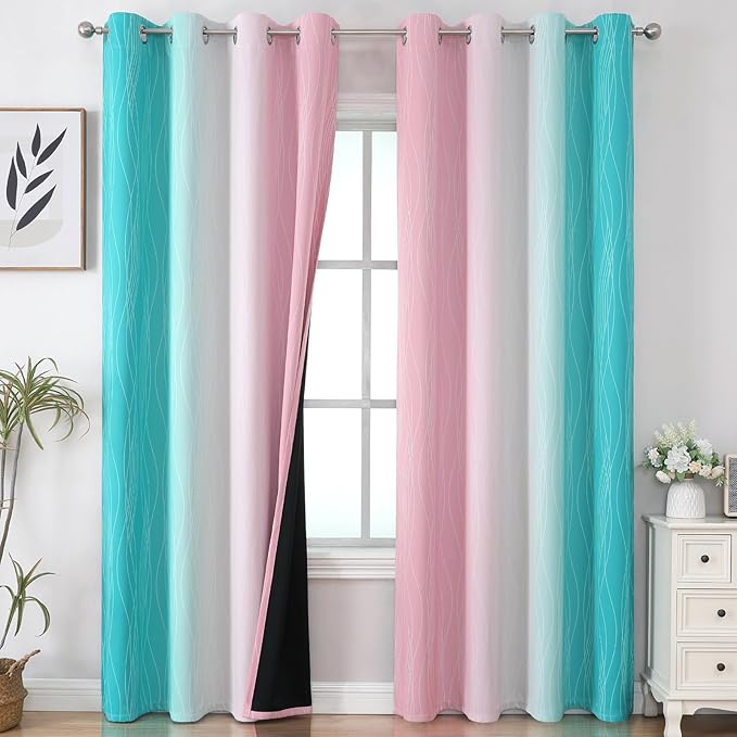 Estelar Textiler Pink and Teal Blackout Curtains 102 Inch Length 2 Panels Set, Thermal Insulated Ombre Grommet Drapes for Bedroom, Full Room Darkening Gradient Curtains for Living Room, 52Wx102L