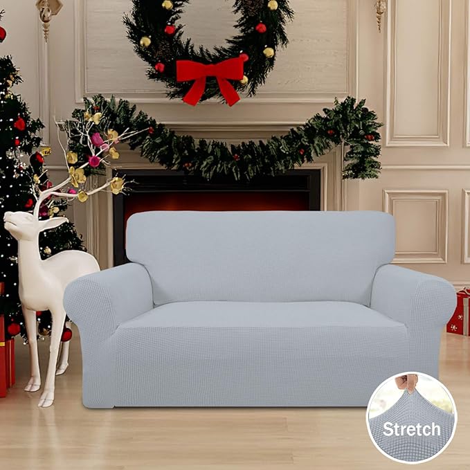 Easy-Going Stretch Loveseat Slipcover 1-Piece Sofa Cover Furniture Protector Couch Soft with Elastic Bottom for Kids Polyester Spandex Jacquard Fabric Small Checks (Loveseat, Silver Gray)